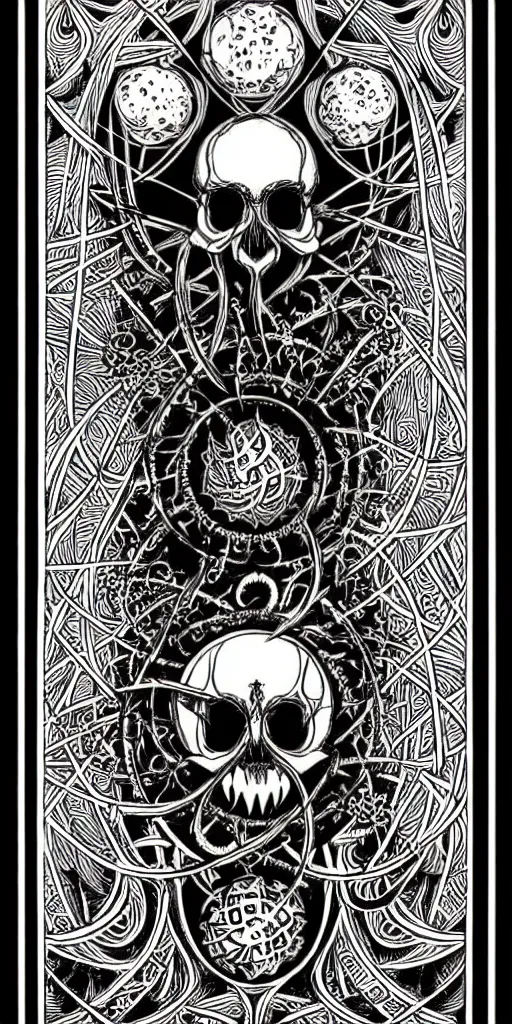 Image similar to a beautiful ombre skullpunk fractal tarot card featuring bold occult imagery with clean lines. haeckel. detailed adult coloring book