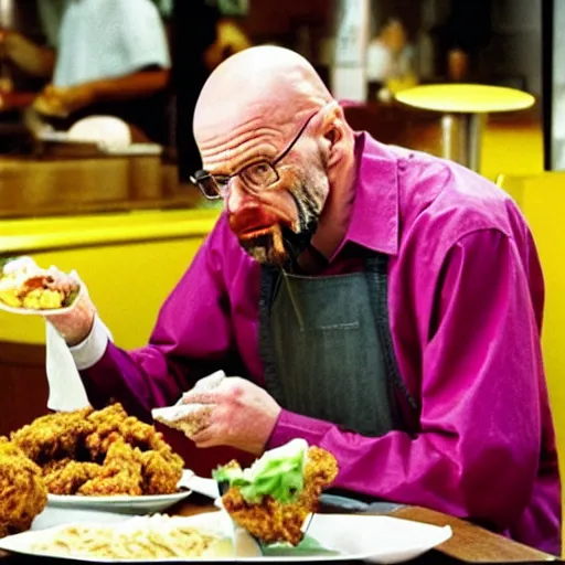 Prompt: Walter White eating fried chicken with pink sauce