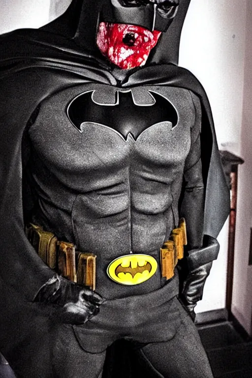 Image similar to batman cosplay, creepy, disturbing, bloody, darkness, grainy