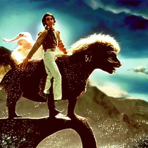 Prompt: Michael Jackson riding on top of Falkor from the film The Neverending Story