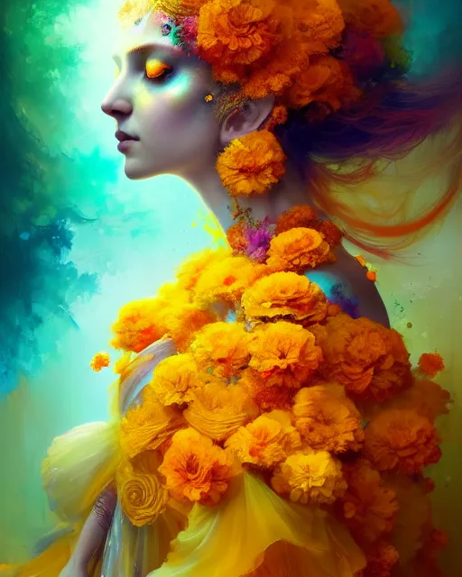 Image similar to Full View Portrait Mystical ethereal marigold deity wearing beautiful dress, marigold Dryad, 4k digital masterpiece by Anna dittman and Ruan Jia and Alberto Seveso, fantasycore, Hyperdetailed, realistic oil on linen, soft lighting, marigold background, featured on Artstation