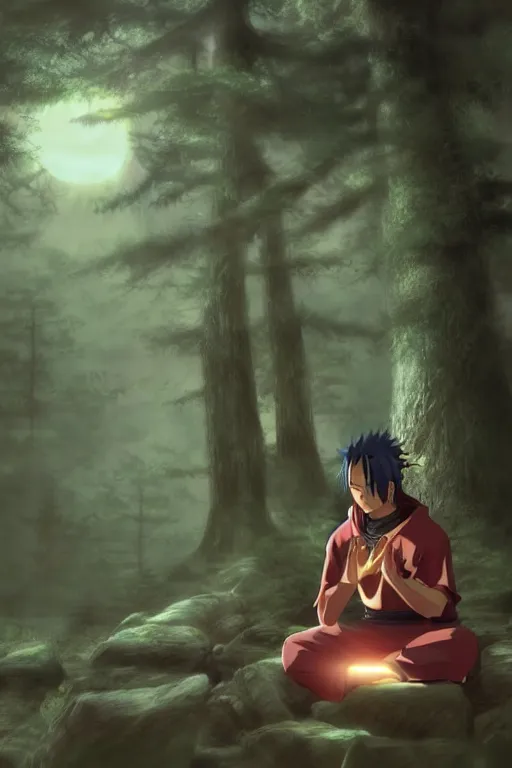 Image similar to photorealistic dark fantasy concept art of Naruto meditating in a forest, dynamic lighting, stunning visuals, realism, cinematic, hyper detailed, ultra detailed, beautiful visuals and sunset