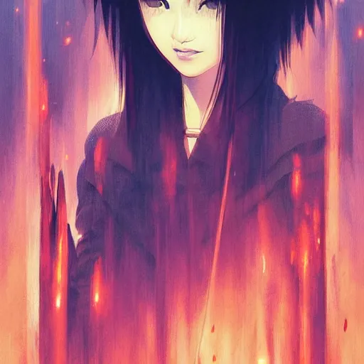 Prompt: A fire witch with big and cute eyes, fine-face, realistic shaded perfect face, fine details. realistic shaded lighting poster by Ilya Kuvshinov katsuhiro otomo ghost-in-the-shell, magali villeneuve, artgerm, Jeremy Lipkin and Michael Garmash, Rob Rey and Kentarõ Miura style, trending on art station