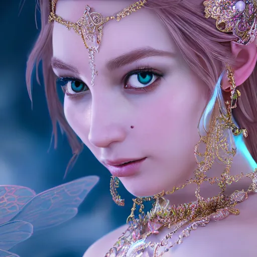 Image similar to portrait of fairy princess, glowing, ornate and intricate jewelry, jaw dropping beauty, glowing background lighting, white accent lighting, hyper detailed, fairy tale, 4 k octane render