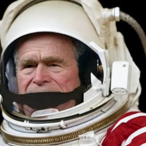 Image similar to president bush, wear astronaut helmet, in oval office, realistic