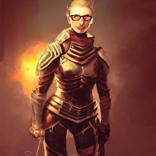 Image similar to gordon freeman as an attractive young smiling woman dressed as a knight, hd shot, digital portrait, beautiful, artstation, comic style, by artgerm, guy denning, jakub rozalski and charlie bowater