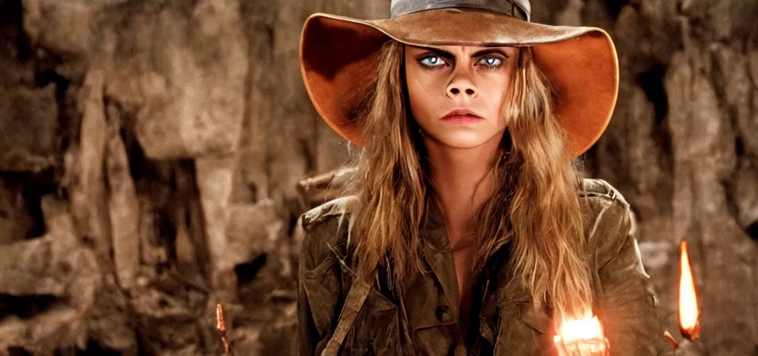 Image similar to still of cara delevingne as indiana jones in raiders of the lost ark ( 1 9 8 1 )