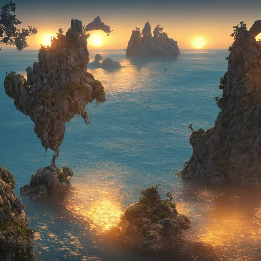 Prompt: unreal engine render, floating islands with beautiful women on them, cinematic, sunset, fantasy, 8 k, trending on artstation