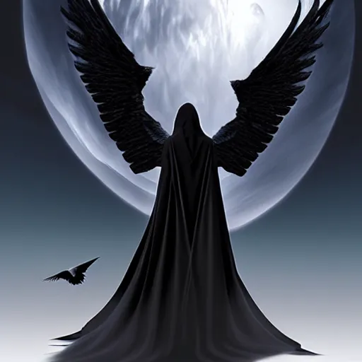 Prompt: dark cloaked angel with long black garments and beautiful black wings floating in the void of space, surrealistic, matte painting