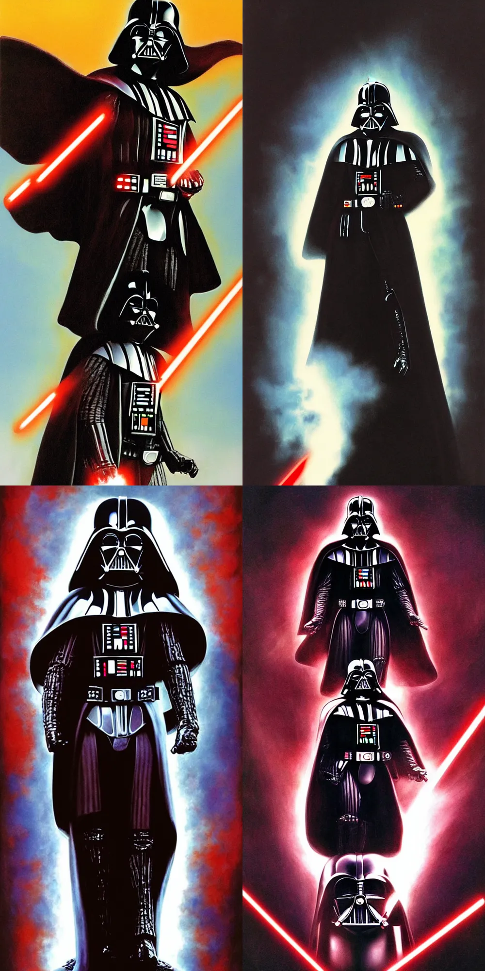 Prompt: Darth Vader with angel wings, style by Drew Struzan