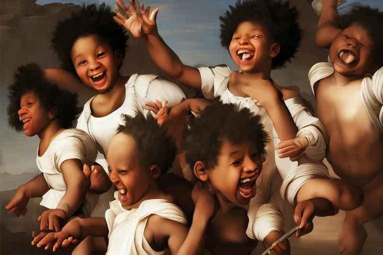 Image similar to carefree black children playing smiling and laughing surrounded, digital renaissance painting by artgerm by caravaggio and face by wlop