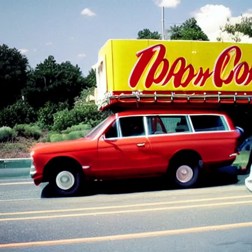 Prompt: a car with a big smile it’s bringing you some popcorn with a metal arm highway daytime photo 35mm lens