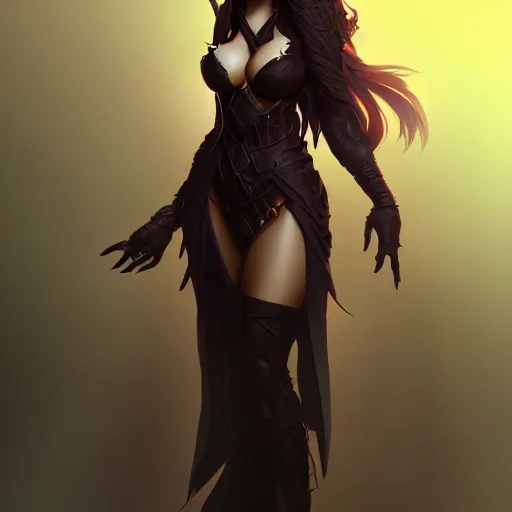 Image similar to dark sorceress full - body, highly detailed, wlop style, artstation, concept art, soft light, sharp focus, illustration, character design