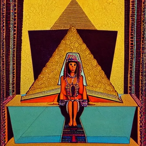 Image similar to a high priestess sitting cross - legged in front of a golden pyramid, by abdul mati klarwein