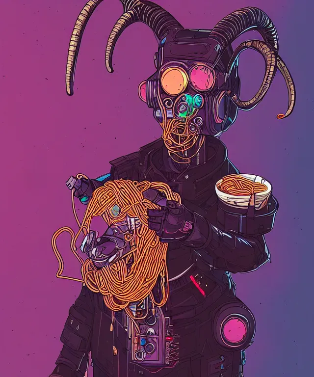 Image similar to a portrait of an anthropomorphic cyberpunk goat eating spaghetti, cyberpunk!, fantasy, elegant, digital painting, artstation, concept art, matte, sharp focus, illustration, art by josan gonzalez