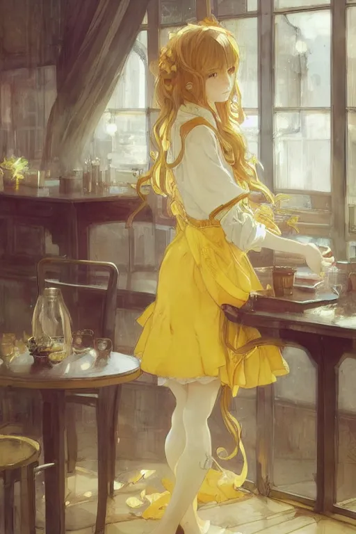 Prompt: A girl in a maid's outfit in a cafe a afternoon, wavy hair yellow theme,S line,45 angel by krenz cushart and mucha and ra-lilium and greg rutkowski