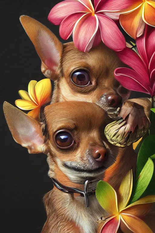 Image similar to ultra realistic illustration, portrait of a tan chihuahua plumeria tropical bouquet background, close up shot, fantasy, intricate, elegant, highly detailed, digital painting, artstation, concept art, smooth, sharp focus, illustration, surrealism