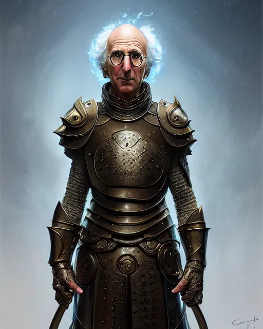 Image similar to larry david in armor, character portrait, portrait, close up, concept art, intricate details, highly detailed by greg rutkowski, michael whelan and gustave dore