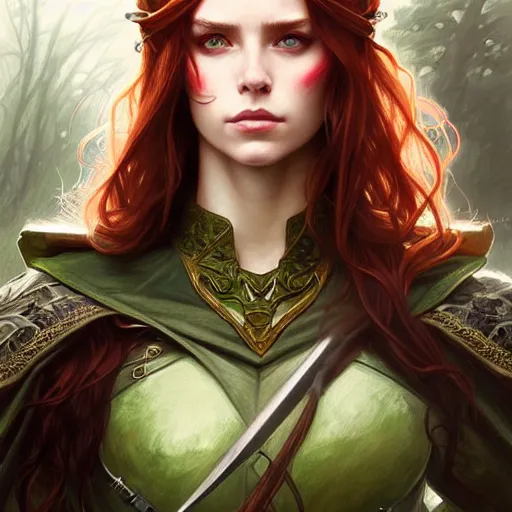 Image similar to Portrait of serious female ranger, D&D, green eyes, face, long red hair, fantasy, intricate, elegant, highly detailed, digital painting, artstation, concept art, smooth, sharp focus, illustration, art by artgerm and greg rutkowski and alphonse mucha