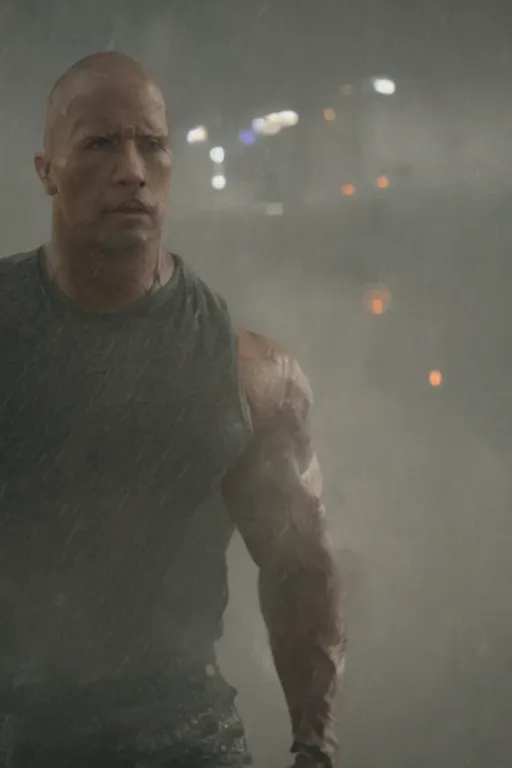 Image similar to An epic cinematic film still of Dwayne Johnson in the movie Blade Runner: 2049.