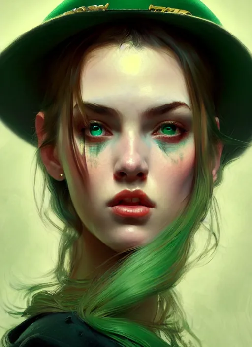 Image similar to young angry woman, beautiful girl, full body, green hair, cowboy hat, realistic, serov, surikov, vasnetsov, repin, kramskoi, insanely detailed, charlie bowater, tom bagshaw, high resolution, octane rendered, unreal engine, illustration, trending on artstation, masterpiece, 8 k