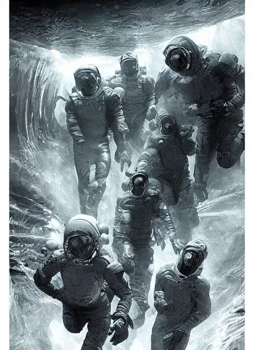 Image similar to astronauts in dark and empty void underwater - complex and hyperdetailed technical suit. reflection and dispersion materials. rays and dispersion of light. volumetric light. 5 0 mm, f / 3 2. noise film photo. flash photography. ultra realistic, wide angle. poster by wayne barlowe, hajime sorayama aaron horkey, craig mullins