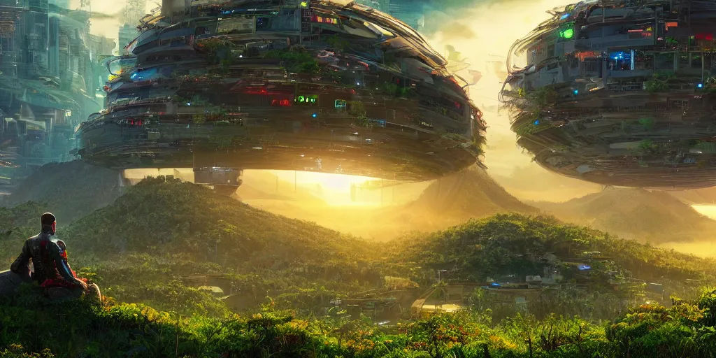 Image similar to a cinematic composition depicting : a computer run lush civilization encroaching on a degrading cyberpunk world, on top of the mountain a mysterious man sits in a lotus pose using his transformative energy to transition to a hopeful and lush foresty solarpunk valley at sunrise