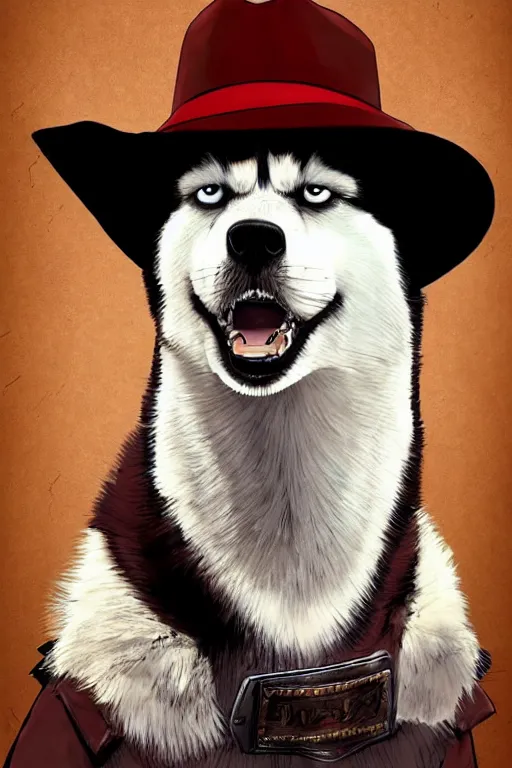 Image similar to a portrait painting of a husky in cowboy costume, wearing a cowboy hat, in the style of anime, [ western film ], [ red dead ], trending on artstation