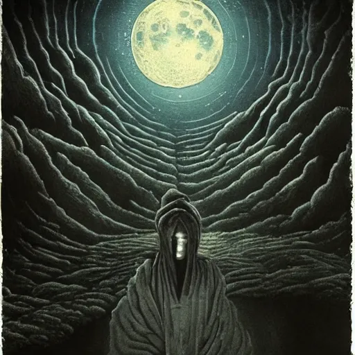 Image similar to portrait of the moon, time flying by in barbes rochechouart, regrets, melancholy, absent father, odissey, gritty feeling, moon, moonlight, at night, wandering in the city, stone, chaotic punk, oil painting, by beksinski, by kurosawa, by kiarostami, intense emotion