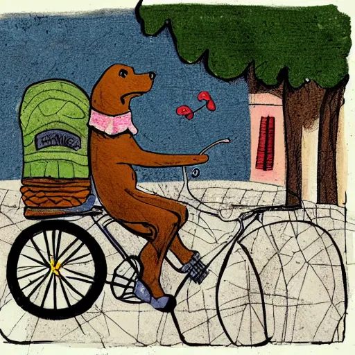 Image similar to illustration of a dog riding a bike in paris in the style of children's book