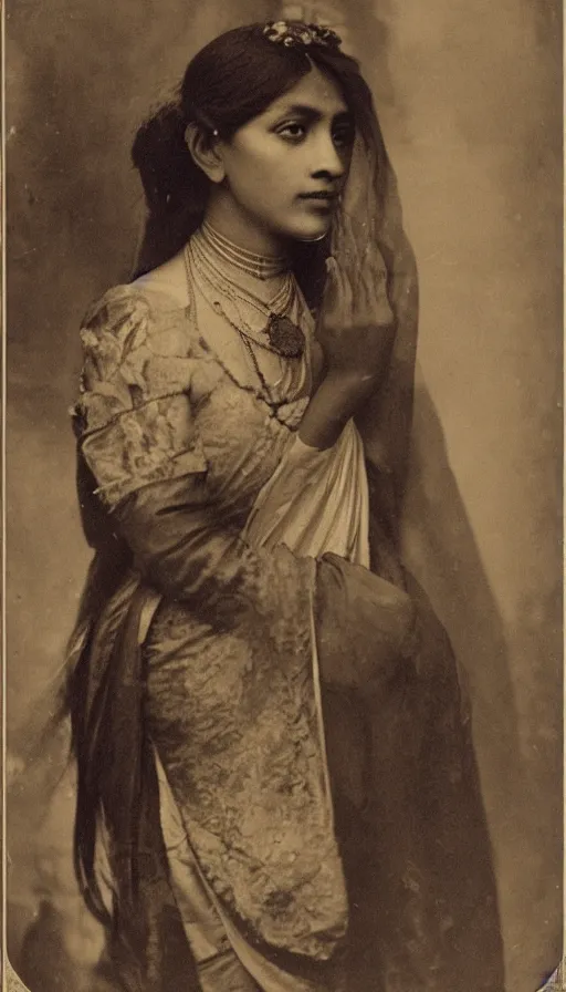 Image similar to vintage portrait photo of a beautiful beautifully lit nepalese Victorian woman by alphonse mucha