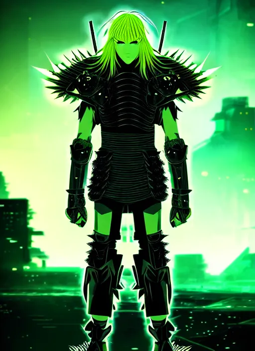 Image similar to a striking cinematic full body manga portrait of a male warrior with long blonde hair and blue eyes wearing evil green spiked cyberpunk armour and standing in the desolate burning ruins of a futuristic city by hirohiko araki and beeple, fine details, digital art, character concept art, volumetric lighting, cinematic light, photorealistic