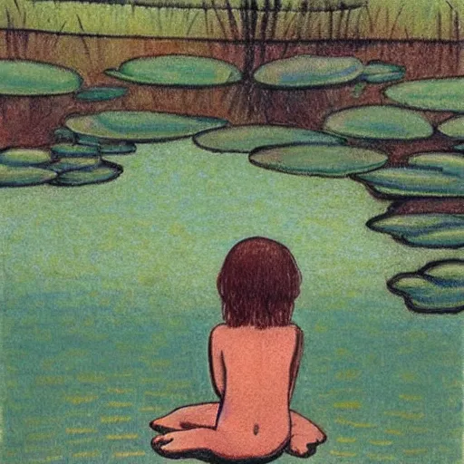 Image similar to Mixed media art. a young girl is sitting on the edge of a pond, with her feet in the water. She is looking at a frog that is sitting on a lily pad in the pond. colored pencil art by Horace Pippin jaunty