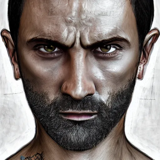 Image similar to realistic head portrait, 30 year old man, Spain :: athletic, angered, short black hair :: chain mail :: high detail, digital art, RPG, concept art, illustration