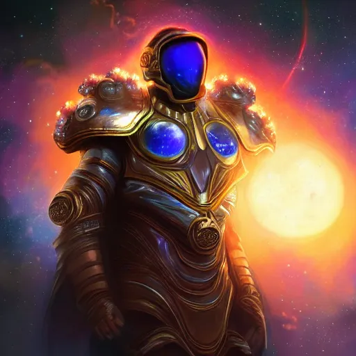 Image similar to photorealistic fantasy cosmic concept art of a cosmic god with armor made out of planets and dark matter, hovering in a unknown galaxy, fully body portrait, cinematic, dynamic lighting, ultra detailed, creative, trending on art station, creative