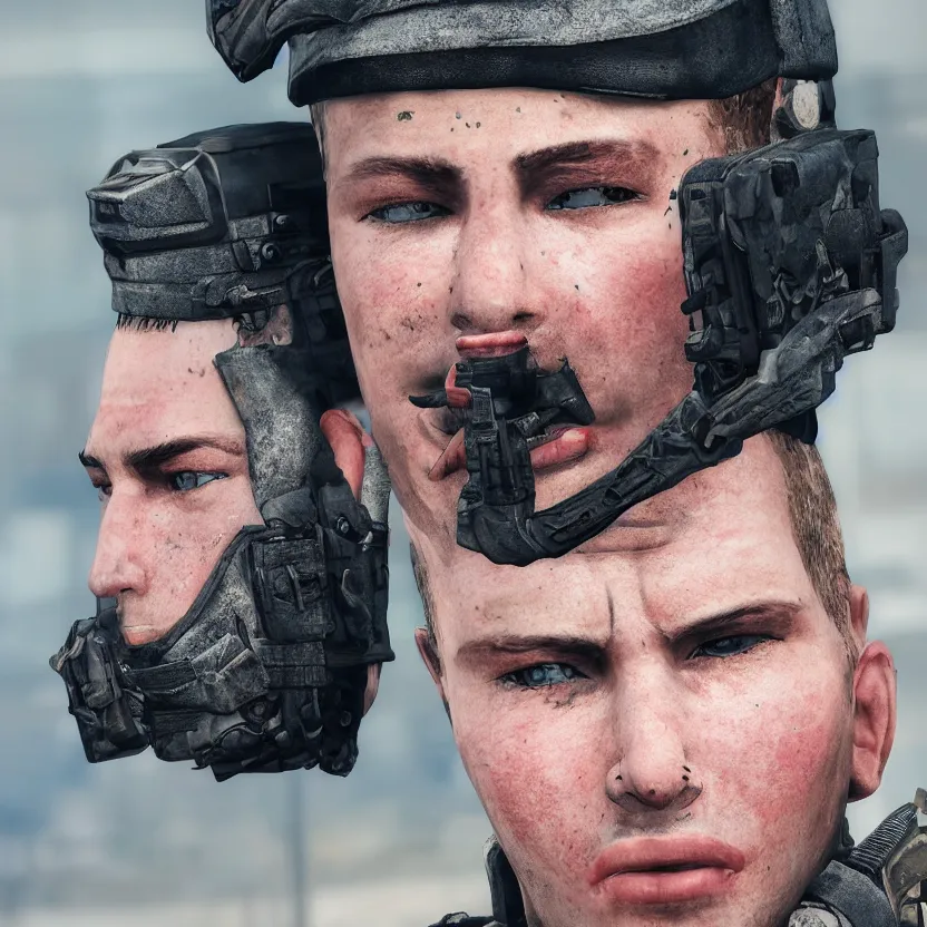 Image similar to portrait photo, highly detailed, high resolution, cosplay photo, stunning, bokeh soft, 100mm, trending on instagram, by professional photographer, realistic human anatomy, real human faces, soldier clothing, in gta5, shot with a canon, low saturation