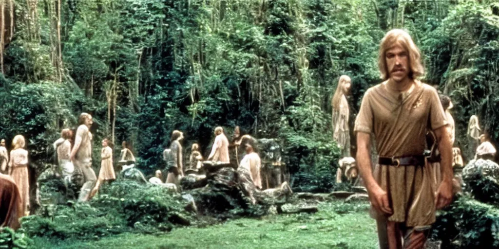 Image similar to A full color still from a Stanley Kubrick film featuring Rivendell, 35mm, 1975