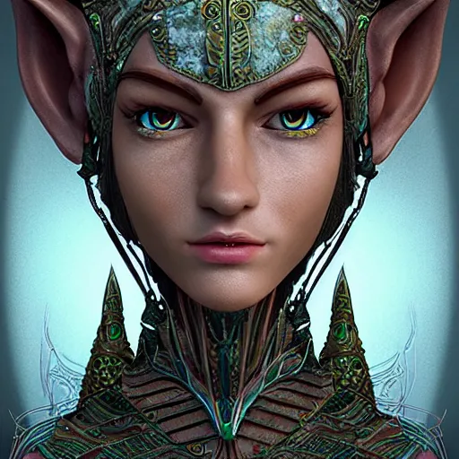 Prompt: mechanical elf, 8 k, portrait, elven, highly detailed, realistic, professional art,