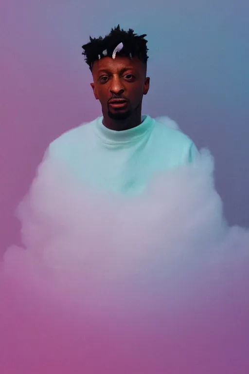 Image similar to high quality pastel coloured film close up wide angle photograph of 2 1 savage wearing clothing resting on cloud furniture in a icelandic black rock!! environment in a partially haze filled dreamstate world. three point light, rainbow. photographic production. art directed. pastel colours. volumetric clouds. pastel gradient overlay. waves glitch artefacts. extreme facial clarity. 8 k. filmic.