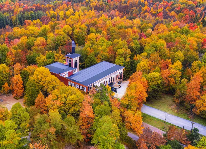 Image similar to low drone shot of a beautiful ranch style School campus in the middle of the Woods during autumn