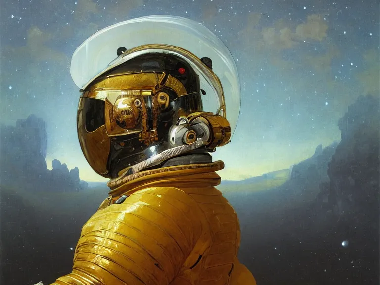 Image similar to a detailed profile oil painting of an explorer in a spacesuit with reflective helmet, flight suit, portrait symmetrical and science fiction theme with aurora lighting clouds and stars by beksinski carl spitzweg and tuomas korpi. baroque elements, full-length view. baroque element. intricate artwork by caravaggio. Trending on artstation. 8k