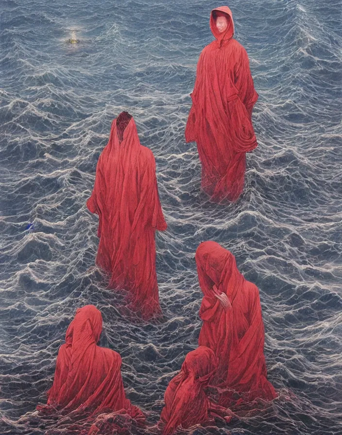 Prompt: worshippers in robes belonging to the cult of the lighthouse standing in waves, a lighthouse, high detailed Beksinski painting, part by Adrian Ghenie and Gerhard Richter. art by Takato Yamamoto. masterpiece, deep colours, red, blue