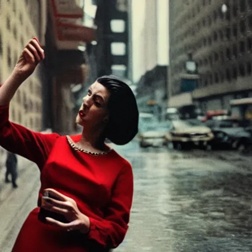 Prompt: grainy abstract expired film photo of a woman in red dress, talking angrily on mobile phone, gesticulating angrily, in 1960s New York City by Saul Leiter, 50mm lens, cinematic colors, oversaturated filter, blur, reflection, refraction, distortion, rain drops, smears, smudges, cinestill 800t