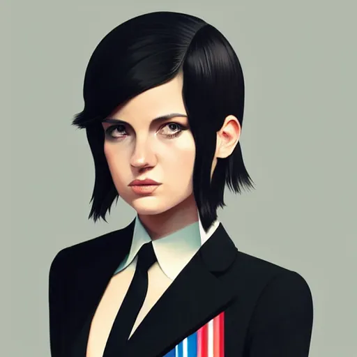 Prompt: young british special ops female in black tuxedo, muted colors, matte print, pastel colors, 2d, ultra highly detailed, smooth, sharp focus, digital art, digital painting, fan art, elegant, artstation, head is centered, by Ilya Kuvshinov