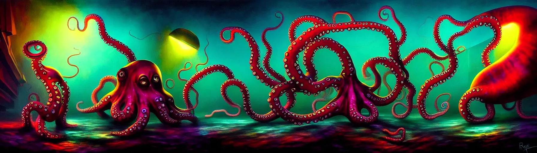 Image similar to strange cephalopod creatures from the depths of the imaginal realm, dramatic lighting, surreal darkly colorful painting by ronny khalil