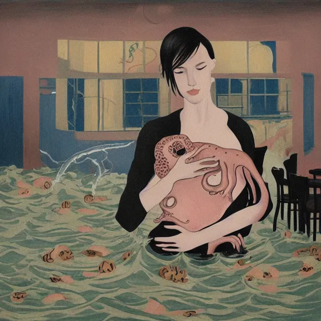 Image similar to tall female emo artist holding an octopus in a flooded cafe, bagels, pigs, water gushing from ceiling, painting of flood waters inside a cafe, a river flooding indoors, pomegranates, pigs, ikebana, water, octopus, river, rapids, waterfall, black swans, zen, canoe, berries, acrylic on canvas, surrealist, by magritte and monet