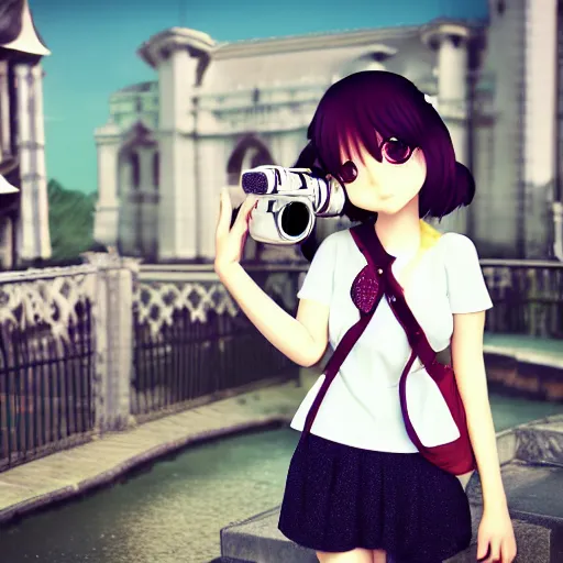 Prompt: cute fumo plush of a tourist girl taking photographs, anime girl, vray