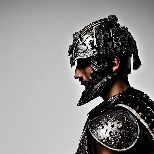 Prompt: a portrait of a beautiful young moroccan male wearing an alexander mcqueen armor made of carbon , photographed by andrew thomas huang, artistic