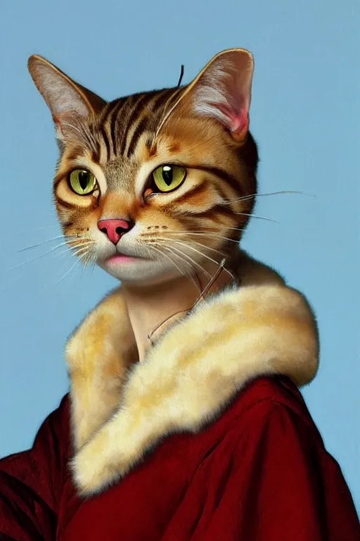 Image similar to close - up anthropomorphic tabby cat with a pearl earring in the ear, in a rich winter russian furcoat!!, beautiful, cinematic lighting, highly detailed, digital art, oil painting, highly detailed, sharp focus, matte painting, renaissance painting, by orest kiprensky, by alphonse mucha, by leyendecker, by rutkowsky,