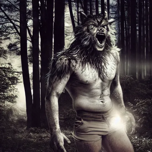 Image similar to photo of a human partially transforming into a werewolf, in the moonlit forest. physiological transformation ; hybrid creature. highly - detailed ; photorealistic.